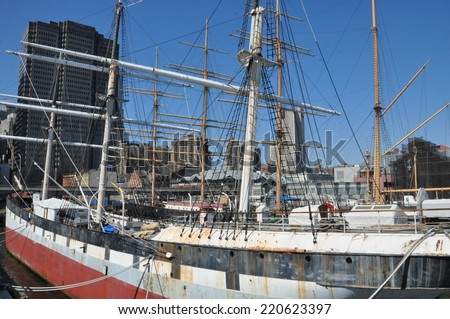 NEW YORK, NY - APRIL 12: The Wavertree, an iron-hulled sailing ship docked at South Street Seaport in New York City, as seen on April 12, 2014.