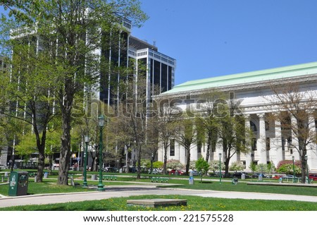 ALBANY, NEW YORK - MAY 11: One Commerce Plaza, also known as the Twin Towers,  and the State Education Building in Albany, New York State, as seen on May 11, 2014.
