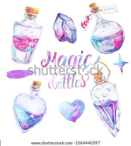 Collection of four magic bottles with potion in pink, turquoise and violet colors. Watercolor glass perfume flasks, stone, stains, heart.