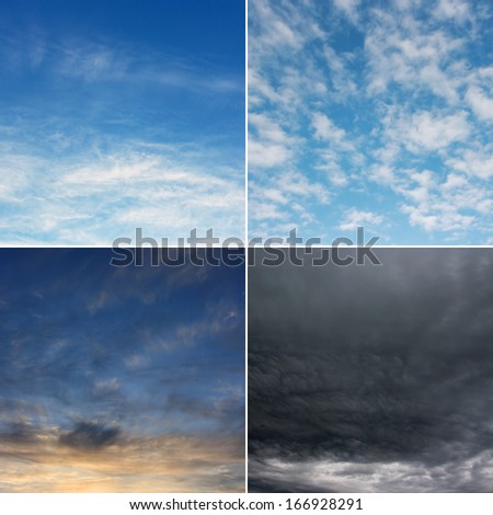 Morning, day, evening and stormy sky (high.res.) Four images of sky.