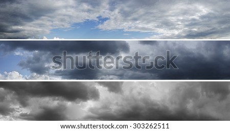 Three panoramas of cloudy sky over horizon. Storm, rainy sky. Thunderclouds.