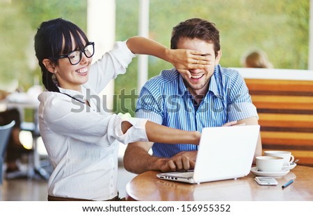 Situation In Office - Woman Is Hiding Her Secrets On Laptop From Colleague