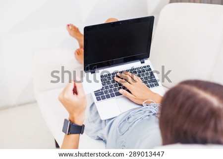 woman shopping online. Empty laptop screen template