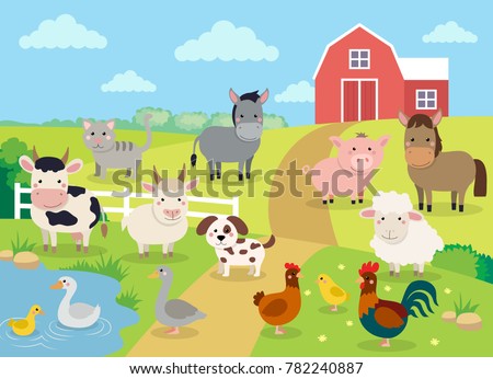 Farm animals with landscape - cow, pig, sheep, horse, rooster, chicken, donkey, hen, goose, duck, goat, cat, dog. Cute cartoon vector illustration in flat style