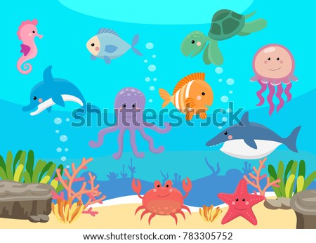 Sea life, marine animals set with underwater landscape - seahorse, star, octopus, turtle, shark, fish, jellyfish, dolphin, crab. Cute cartoon vector illustration in flat style