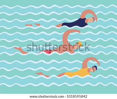 Vector cartoon illustration of Horizontal illustration with swimmers in swimming pool. Woman and man. Various people in water, swim in one direction. Sportsmens. Modern characters.