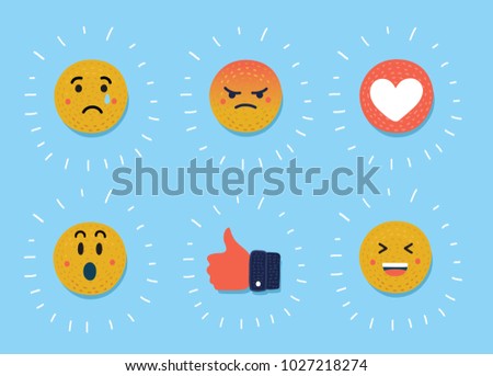 Vector cartoon illustration of Smiley, emoticons set. Yellow face with emotions. Facial expression. Mood. Thumb up, heart, sad, angry, laughing, crying faces