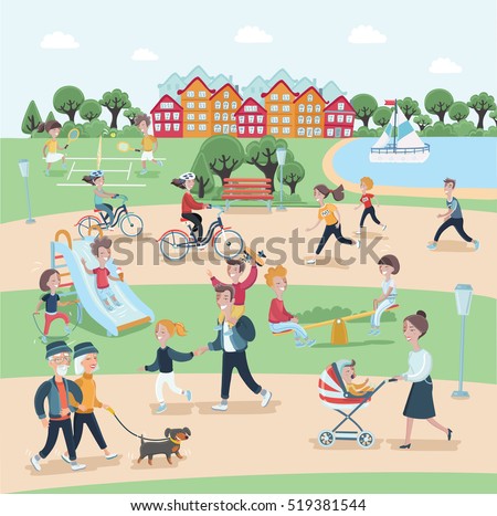 Vector cartoon illustration of people having activities in the park with rest. This content have detail of people activities in the park and rest with learn in park and use for advertising