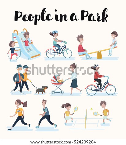 Vector set of cartoon people in situations in park. Isolated illustration on white background. Family members spending time together, kids and adults, elderly people