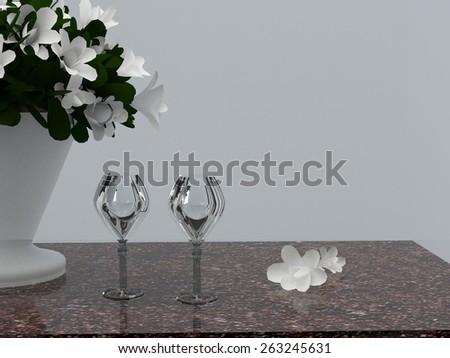 Two glasses of wine on a red granite table