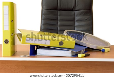 Office desk with documents isolated on white