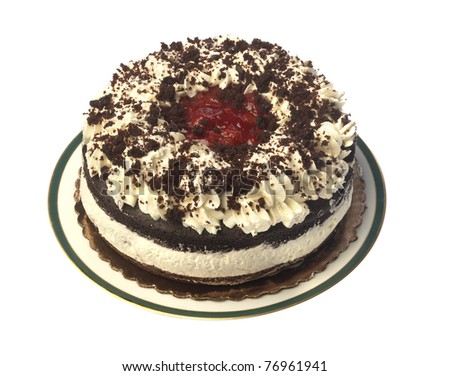 Layers of chocolate surround the whipped cream middle of a Black Forest cake sitting on a plate. Horizontal shot. Isolated on white.