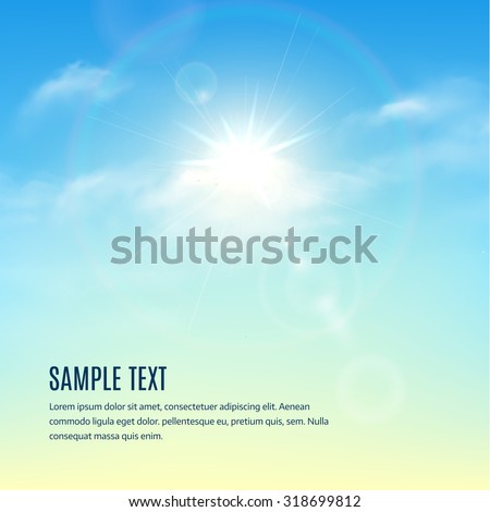 Blue sky with clouds and sun with rays. Vector background