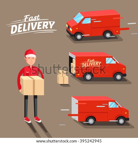 Delivery Concept. Fast delivery van. Delivery man. Vector illustration