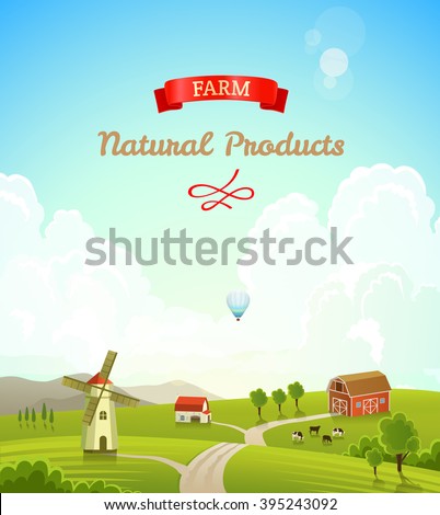 Farm rural landscape. Farm background. Farm landscape illustration. Farm landscape background. Farmland concept. Concept of fresh, natural products