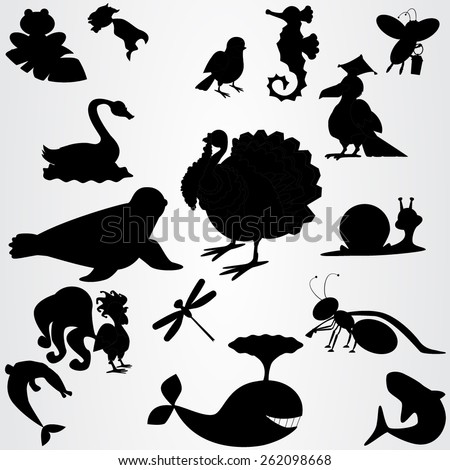Set of the silhouettes with animals, birds, insects and fish. Monochrome vector.