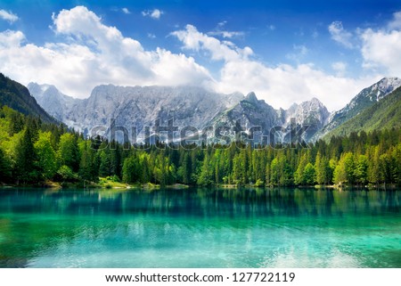 Beautiful Landscape With Turquoise Lake, Forest And Mountains