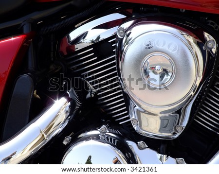 Custom bike V engine, showing off shining chrome and in tip top condition