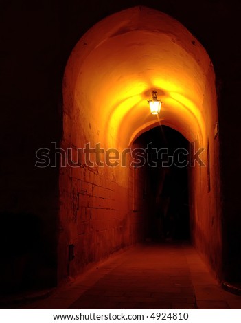 Medieval archway by night, in the old city of Mdina in Malta