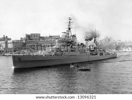 Royal Navy ship entering Marsamxett Harbour in Malta during WWII