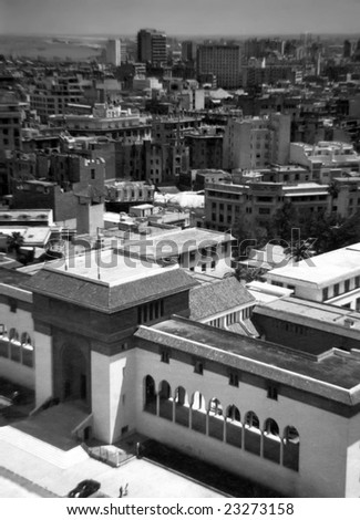 Casablanca, Morocco - 16th May 1958 - View of Mohammed V Palace from Municipilaty Building Clock Tower in Casablanca