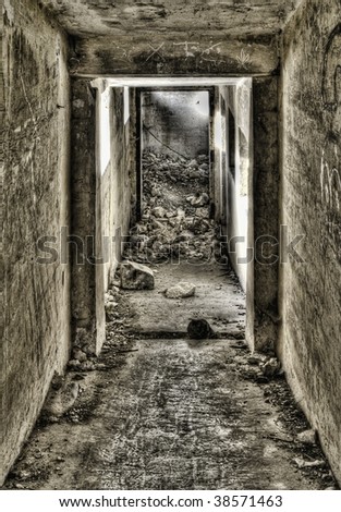Entrance down to a derelict bunker shot in HDR