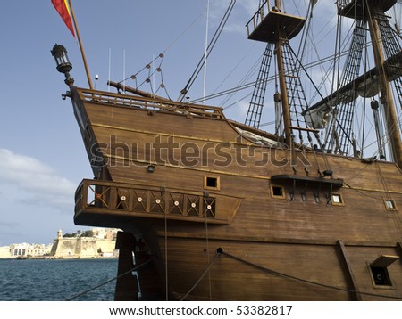 Spanish 17th Century galleon replica flying the Spanish flag berthed at the Grand Harbour in Malta