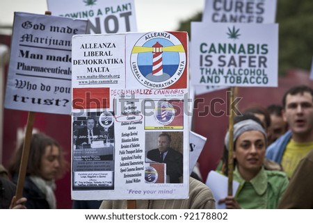 VALLETTA, MALTA - DEC 17 - Demonstrators during a rally held by Facebook group Legalize It Malta, in favour of the decriminalisation and legalisation of cannabis and hemp, on 17 December 2011