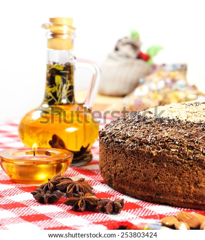 freshly baked bread with herbs and spices oil