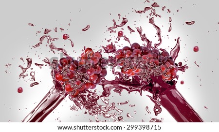 Fresh red grapes in juice splash over gray and white background