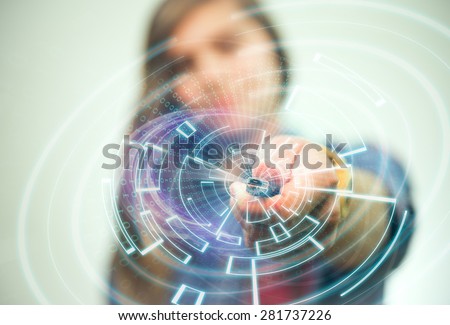 Girl is holding USB memory stick in her left hand. Futuristic lights in the foreground are visible.