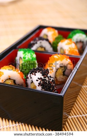 A box of various kinds of sushi