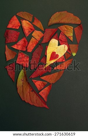 Autumn leaves cut into pieces and arranged into a romantic heart pattern with two smaller hearts all on a black background