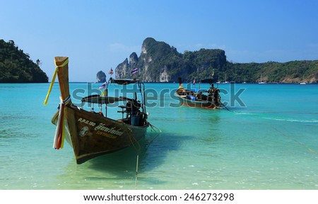KOH PHI PHI ISLAND,THAILAND-MARCH 8, 2014: Boats on Koh phi phi island in Thailand