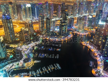 View on night highlighted luxury Dubai Marina,Dubai,United Arab Emirates