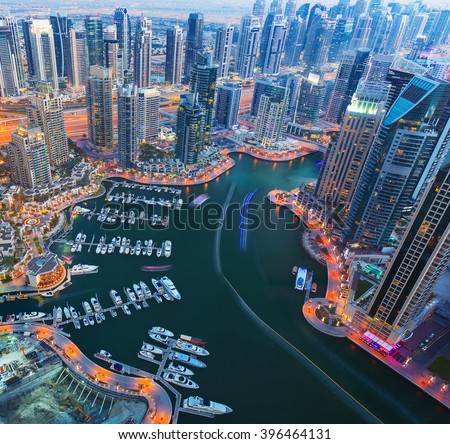 View on night highlighted luxury Dubai Marina from the 52nd floor,Dubai,United Arab Emirates