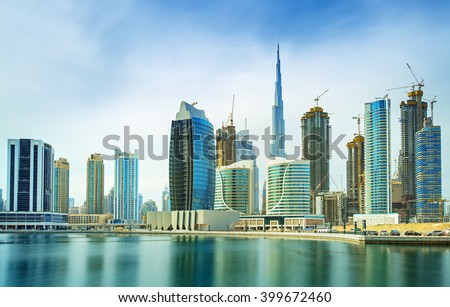 Panorama of modern skyscrapers in the center of luxury Dubai city,Dubai,United Arab Emirates