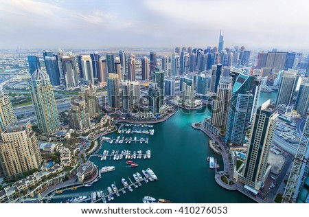 Dubai Marina skyscrapers, port with luxury yachts and marina promenade,Dubai,United Arab Emirates