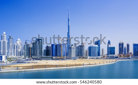 Panorama of the luxury center of Dubai under massive construction,Dubai,United Arab Emirates