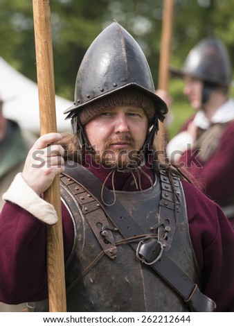 Actors wearing Stuart era,the 17th century,(reign king Charles 1st)costumes.they are reenacting the siege of Bolsover Castle,in Derbyshire,UK, an event during the English Civil War.taken  05/05/2014