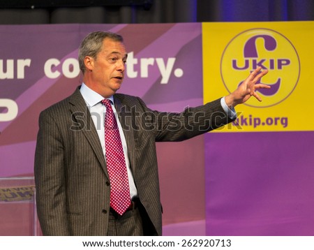 UKIP Leader Nigel Farage at a party rally in Derby, UK. taken 01/05/2014