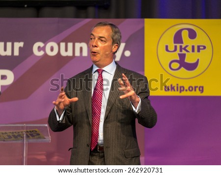 UKIP Leader Nigel Farage at a party rally in Derby, UK. taken 01/05/2014