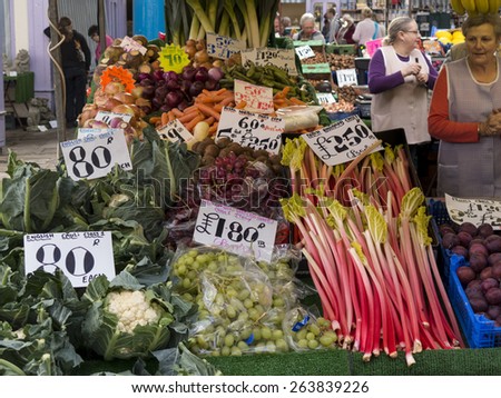 vegetable stall,indoor market hall,Abergavenny,Wales.UK. taken 17/10/2014
