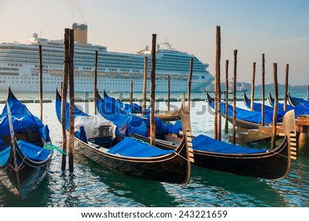 Gondolas on the background of a huge cruise ship, Venice, Venezia, Italy, Europe,