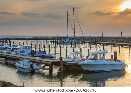 Small yacht port at sunset, island Ruegen, Lohme, Mecklenburg-Vorpommern, Germany,