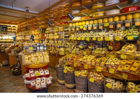 Amsterdam, Netherlands; May 24, 2012:  Dutch cheeses fill the shelves of a specialist cheese shop.