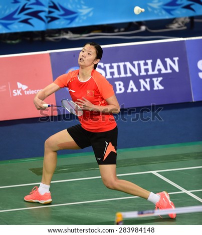 INCHEON, SOUTH KOREA- SEPTEMBER 20: Li Xuerui of China in action of women\'s team of badminton the 2014 Asian Games at Gyeyang Gymnasium on September 20, 2014 in Incheon, South Korea.