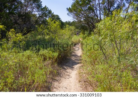 AUSTIN, TEXAS: SEPTEMBER 13 2015: A lone mountain biker winds his way on a trail at Stephenson Nature Preserve and Outdoor Education Center