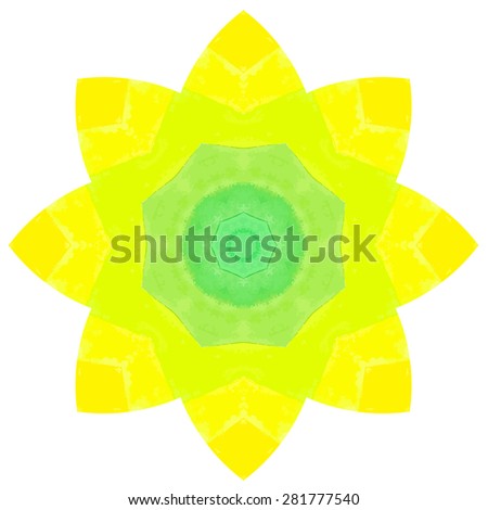 Watercolor Flower Yellow and Green Blossom Mandala. Lace circular ornament on white background. Oriental Geometric circle element. Vector illustration.