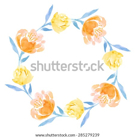 Watercolor floral wreath of yellow peony flowers. Template for invitation,card, save the date, postcard, banner, poster, mothers day, women day, birthday, bridal shower, newborn card.Vector Background